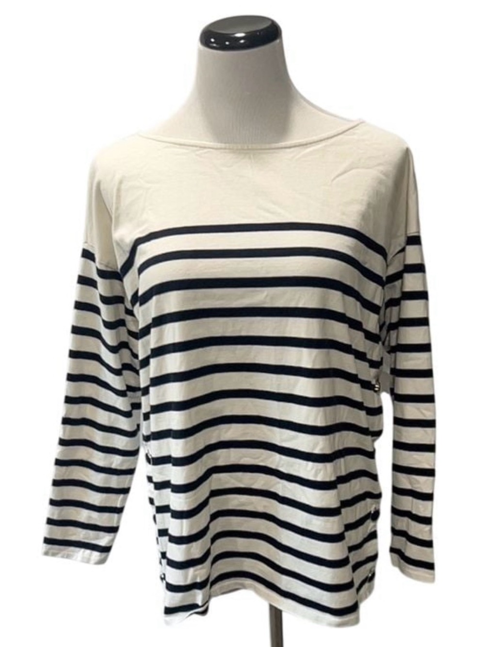 Sézane Paris Navy White Striped Boat Neck Long Sleeve Tee Top Size XL Buttons